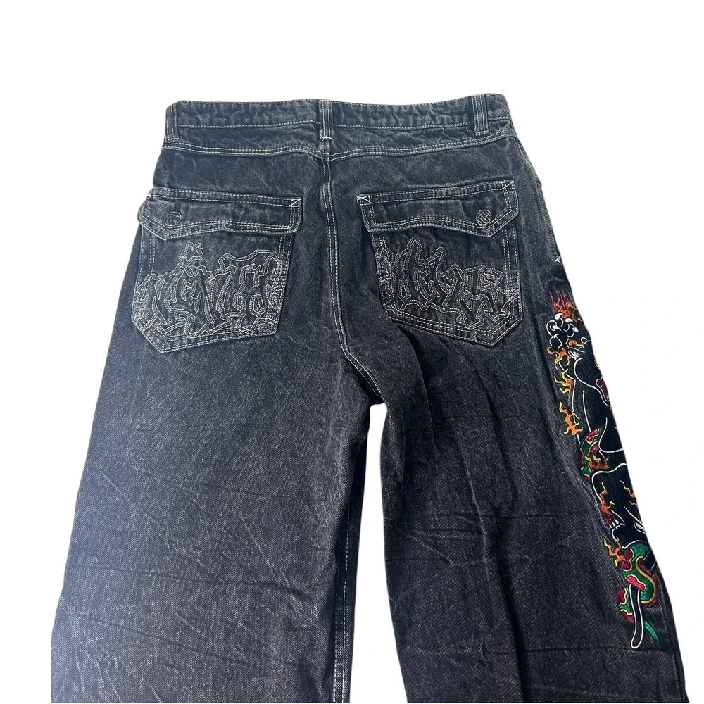 Ambush Mens 32 Baggy Jeans Acid Wash Black Embroidered Panther Snake Y2K Street